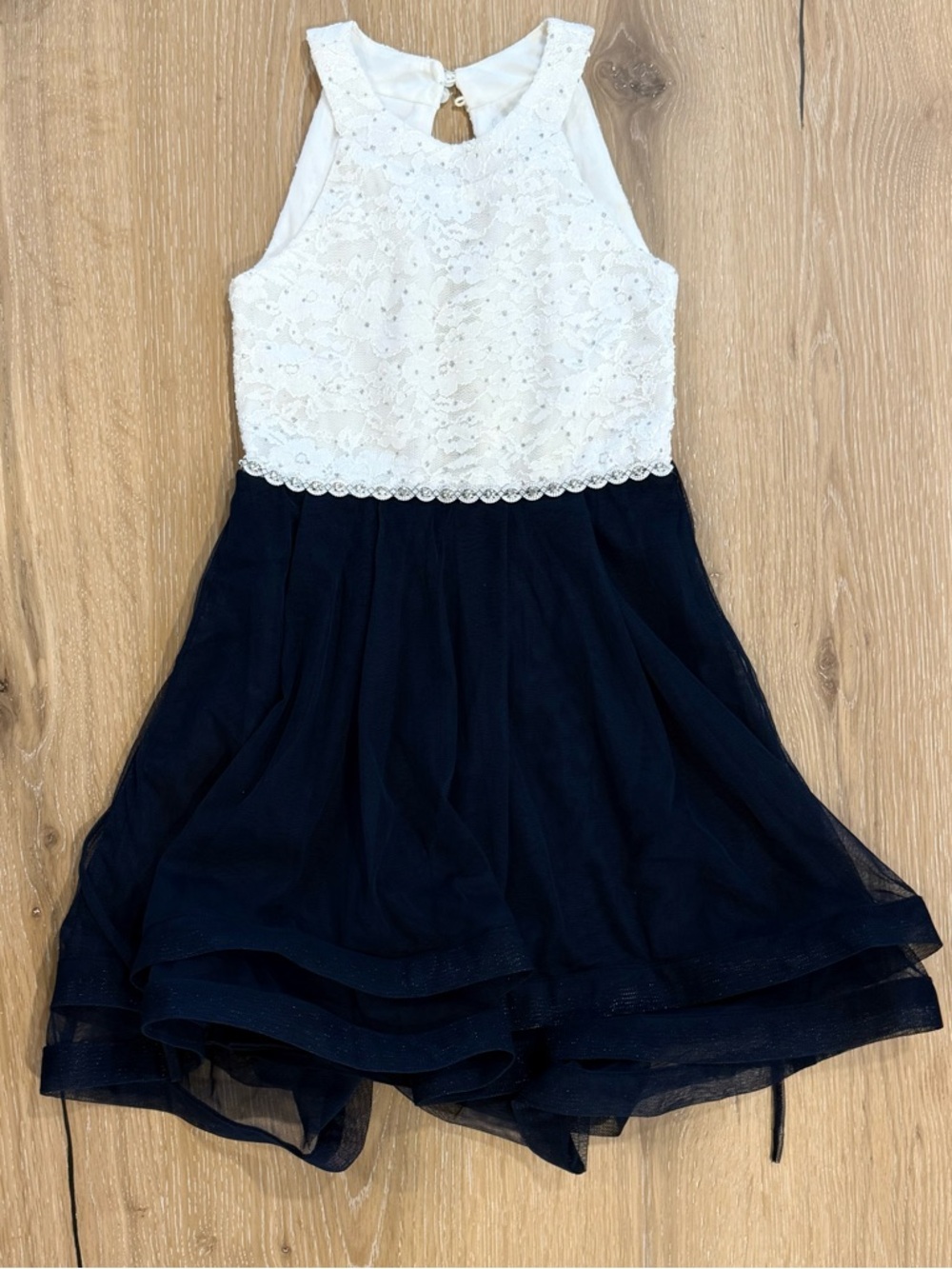 Speechless White Lace Top Navy Chiffon Skirt Halter Dress